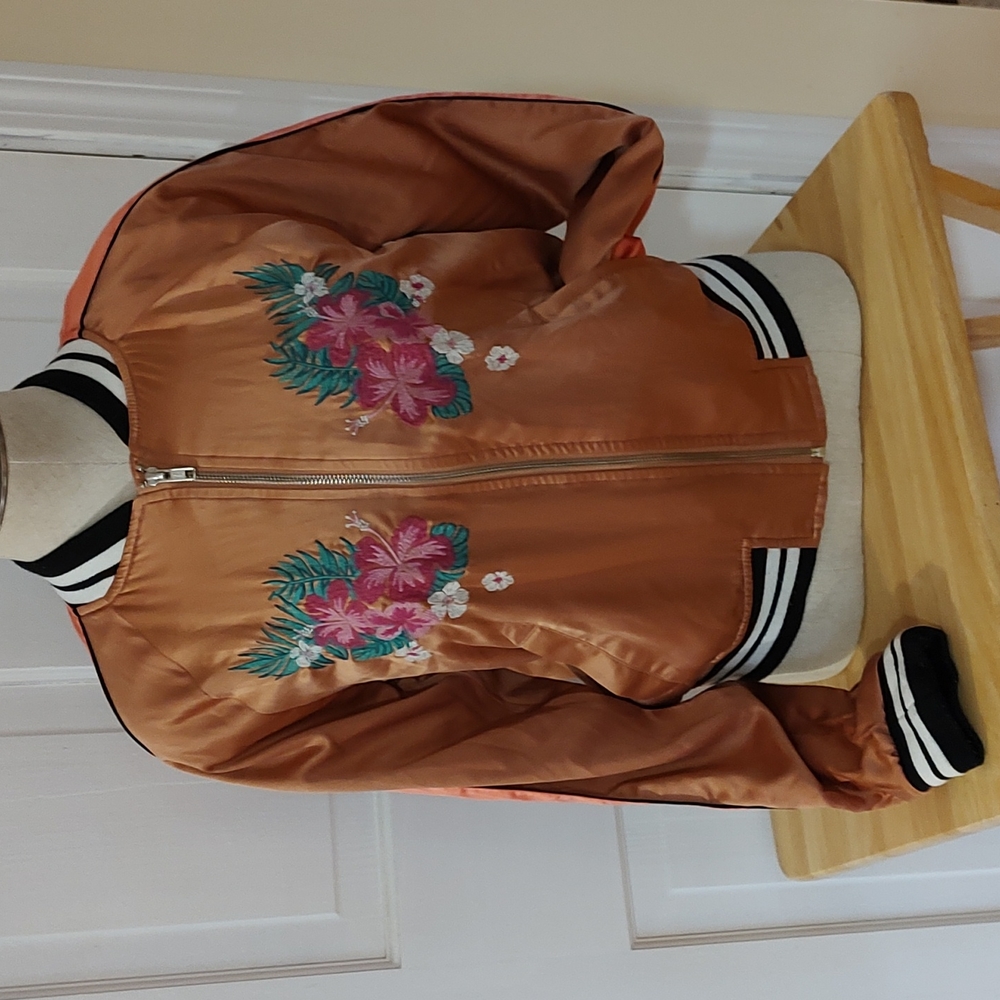 Vintage Silky Bomber Jacket XS Mossimo Supply Co Embroidery Palm Trees & Flowers